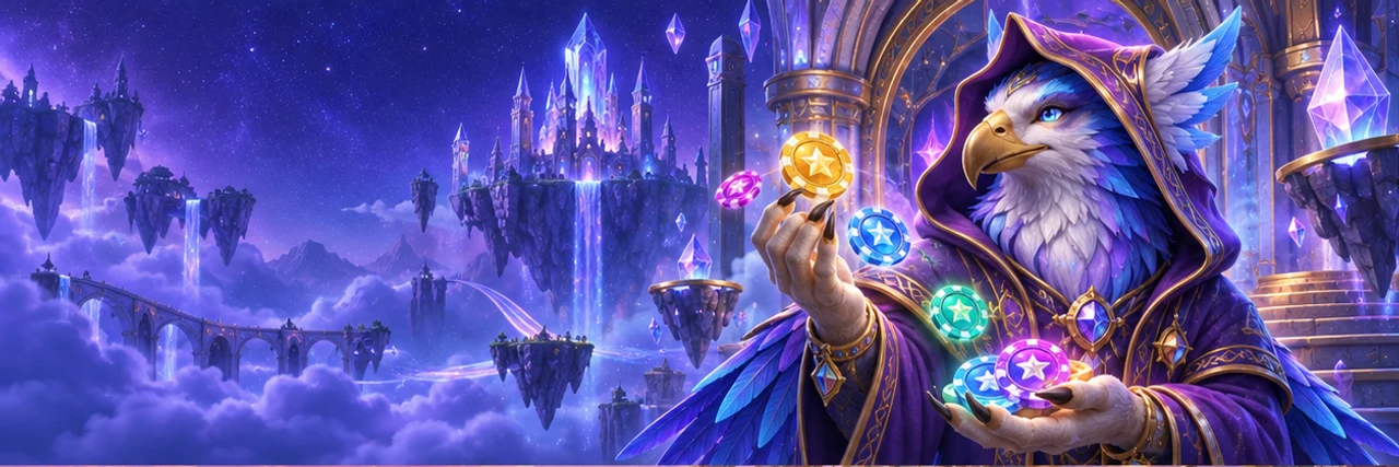 A crystal-feathered griffin sorcerer offers luminous star-emblem virtual chips
