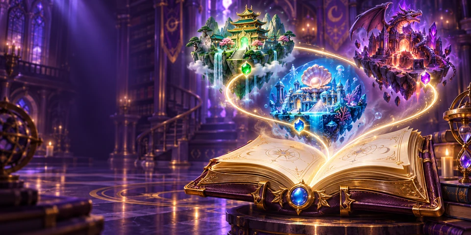 Three miniature magical worlds rise from an enchanted book along a glowing path