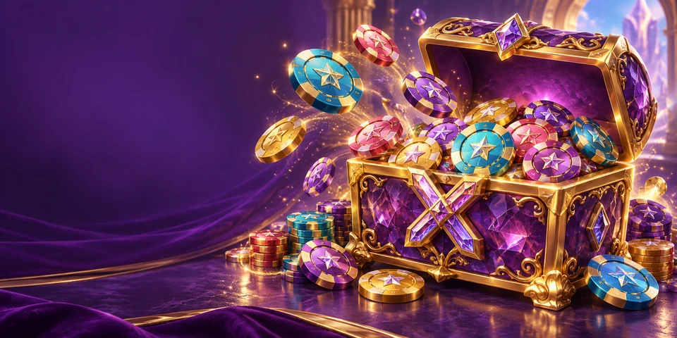 An open amethyst treasure chest with luminous star-emblem fictional casino chips