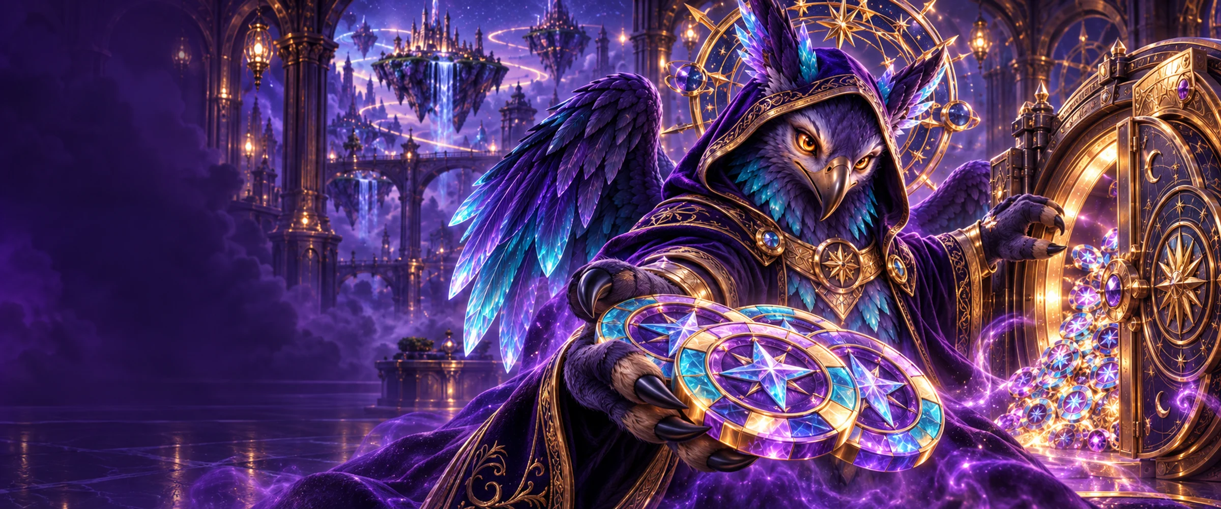 Nova, a mysterious crystal-feathered griffin sorcerer, offers colourful fictional casino chips from an arcane vault